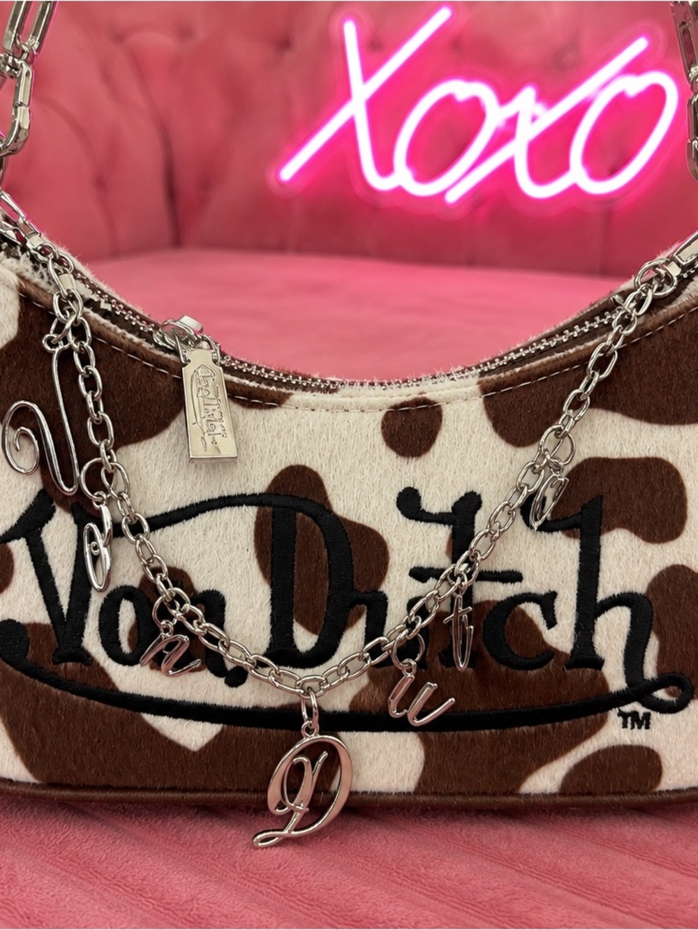 Von Dutch Brown & White Cowhide Charm Shoulder Bag with Silver Chain